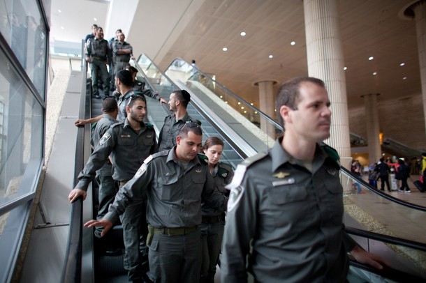 TEL AVIV, ISRAEL - APRIL 15:   (ISRAEL OUT) Israeli policemen are seen as the are deployed on April 15, 2012 at the Ben Gorion Air Port near Tel Aviv, Israel. Some 650 policemen were stationed at Airport as hundreds of activists and protesters were due to arrive as part of the "Welcome to Palestine" fly-in protest.  (Photo by Uriel Sinai/Getty Images)